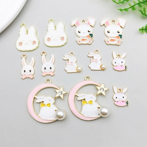 Easter Bunny Enamel Pendants Zinc Alloy Charms With Imitation Artificial Pearl Rhinestone For DIY Jewelry Making Necklace Bracelet Accessory