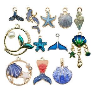 Blauwe emaille zeeschelp en zeemeermin hangers set voor DIY sieraden maken