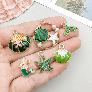 Marine themed green enamel shell and mermaid alloy charms for DIY jewelry making