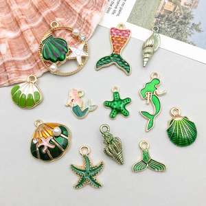 Green enamel ocean series charms set with mermaid tail and shells for DIY jewelry