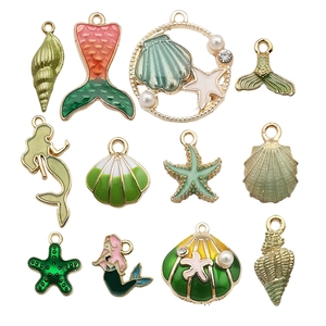 12pcs set of green enamel ocean charms including mermaid and starfish for DIY jewelry
