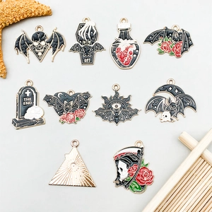 Gothisch Halloween Fledermaus Totenkopf Rose Emaille Charms Zinklegierung Tropföl Anhänger Für DIY Schmuckherstellung Zubehör