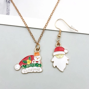 Close-up of alloy Christmas necklace and earring set with Santa Claus and hat motifs