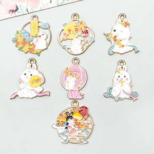 Cartoon Alloy Enamel Rabbit Moon Charm Pendant For DIY Jewelry Making Keychain Bracelet Accessories Traditional Oriental Theme
