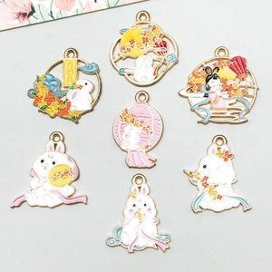 7-piece Mid-Autumn festival enamel charm set with jade rabbit and moon goddess motifs