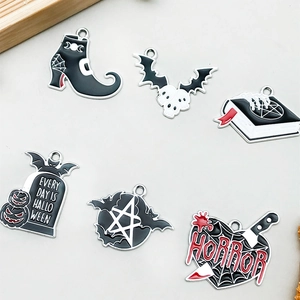 6-piece Halloween enamel charm set with bats, pentagram, magic book and skull designs