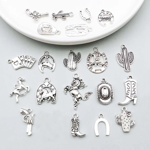 Antique silver Western cowboy alloy charms set with cactus, boots, and horseshoe