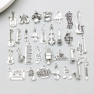 Antique Silver Zinc Alloy Music Instrument Charms For Jewelry Making Guitar Saxophone Piano Violin Musical Note DIY Pendants For Necklace Bracelet Accessory