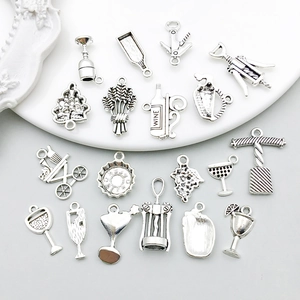 Antique silver wine theme alloy pendants set including bottles and glasses for DIY jewelry