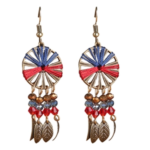Bohemian dreamcatcher tassel earrings with wire-wrapped rings and metallic leaf charms