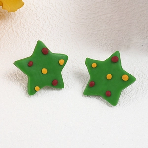 Handmade clay Christmas star stud earrings in dark green with red and yellow dot accents