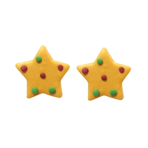 Colorful polymer clay star earrings with festive red and green polka dots for Christmas