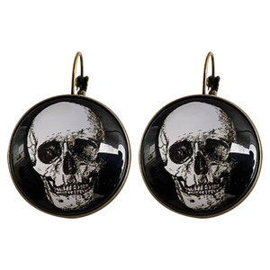 Retro bronze skull earrings with glass cabochon in vintage gothic punk style for women