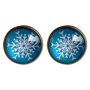 Vintage bronze snowflake earrings with blue gem patterns and transparent glass dome