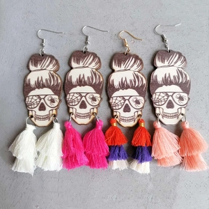 Boucles d'Oreilles Gland en Bois de Halloween pour Femmes Boucles d'Oreilles Pendantes en Bois Crâne Lunettes Toile d'Araignée