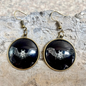 Vintage bronze Halloween bat earrings with glass cabochon in Gothic retro style