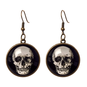 Vintage bronze hook earrings with glass dome skull pattern for Halloween gothic style