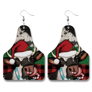 Western Christmas cow leather earrings with festive cow pattern and red plaid texture