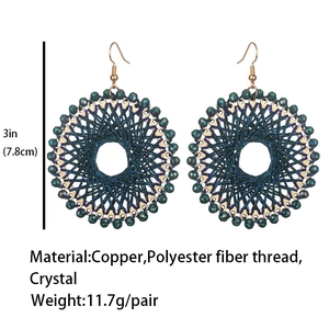 Detail showing Bohemian crystal earrings with blue and green thread embroidery specs