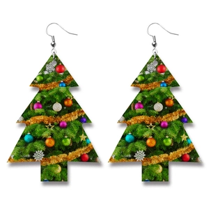 Detail of Christmas tree patterned PU leather earrings with festive colorful ornaments