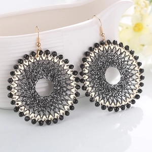Handmade woven crystal hoop earrings with black silk thread for festive party wear