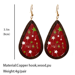 Detail of teardrop wood earrings with red PU leather and star patterns, 3.1 inch height