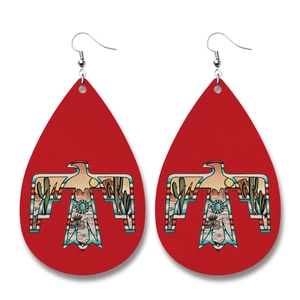 Western style red teardrop faux leather earrings featuring retro thunderbird and desert motifs