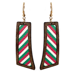 Christmas PU leather and wood frame earrings with red and green striped patterns