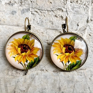 Pendientes colgantes de girasol retro en bronce con cabujón de cristal en piedra