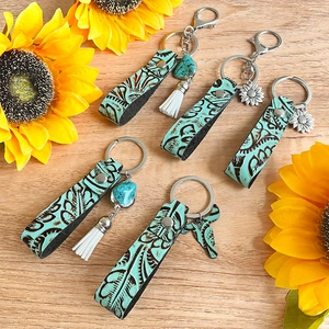 Porte-clés en Cuir Véritable Western Cowboy Vintage Bohème Turquoise Tournesol Gland Cuir Gaufré Pendentif de Sac Bijoux