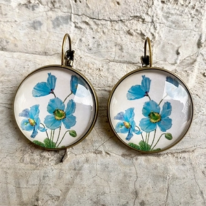 Pendientes de Gota Retro Florales Redondos de Cristal Cabujón Bronce Antiguo Gancho Francés Girasol Rosa Lila Joyería Mujer