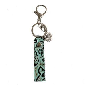 Porte-clés vintage en cuir avec pendentif tournesol et motif floral en relief