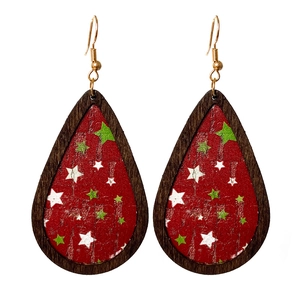 Christmas PU leather teardrop earrings with wood frame and green star pattern