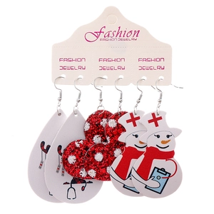 Detailed view of 3-piece Christmas earring set with medical snowman and heart patterns