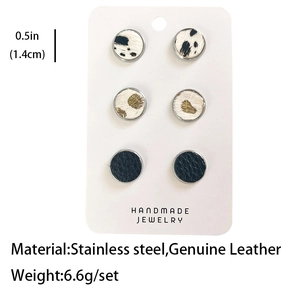 Three-pair vintage genuine leather earring set with cow, leopard, and lychee patterns
