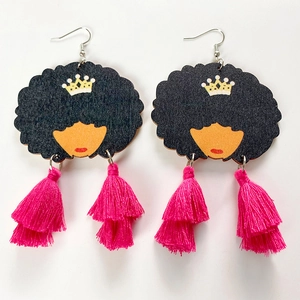 Boho Afro Königin Holz Quasten Ohrringe Für Damen Ethnische Afrikanische Krone Druck Ohrhänger Handgemachter Baumwollschmuck