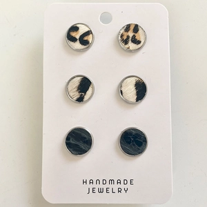 Detail of 3-pair handmade earring set featuring leopard print and animal patterns