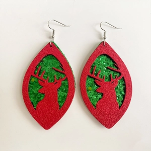 Christmas teardrop earrings with red leather reindeer cutout and green glitter backing