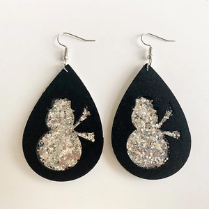 Sparkly Christmas snowman teardrop earrings in black faux leather with silver glitter