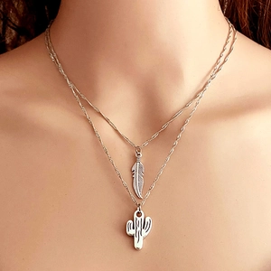 Vintage Bohemian Zweilagige Halskette Für Damen Legierung Eisen Feder Kaktus Kreuz Strass Anhänger Kette Westlicher Schmuck