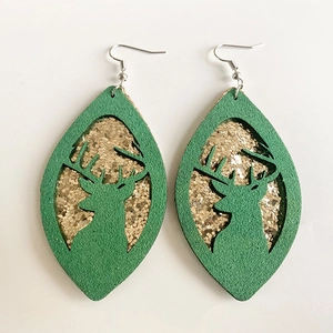Detail of Christmas reindeer cutout on green felt leaf earrings with golden glitter