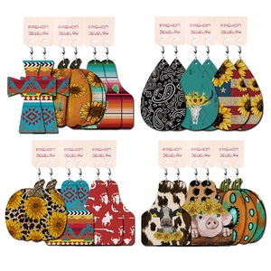 Western Printed Leather Earring Set Bohemian Cowboy Style Sunflower Cow Animal Print Geometric Drop Earrings For Women Fashion Jewelry