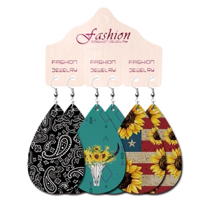 Three-pair set of teardrop leather earrings with western bovine and floral printed patterns