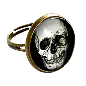 Vintage verstellbarer Ring mit Totenkopfmuster unter Glaskuppel in Bronze-Finish