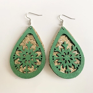 Detail of green leather snowflake earrings with gold glitter backing and silver hooks