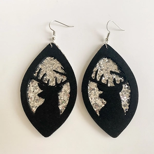 Double-layered teardrop leather Christmas earrings featuring reindeer silhouette and silver glitter