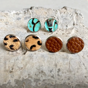 3 Pairs Stainless Steel Genuine Leather Round Stud Earrings Vintage Leopard Cow Animal Print Studs For Women Jewelry