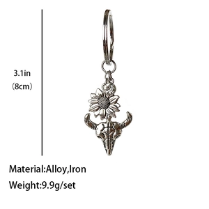 Western style sunflower and bull skull keychain with rhinestones and size marking