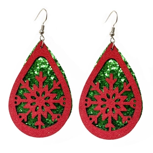 Christmas teardrop earrings with red felt snowflake cutouts and green glitter layers