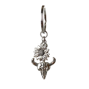 Western cowboy keychain featuring bull skull sunflower and rhinestone on antique silver alloy